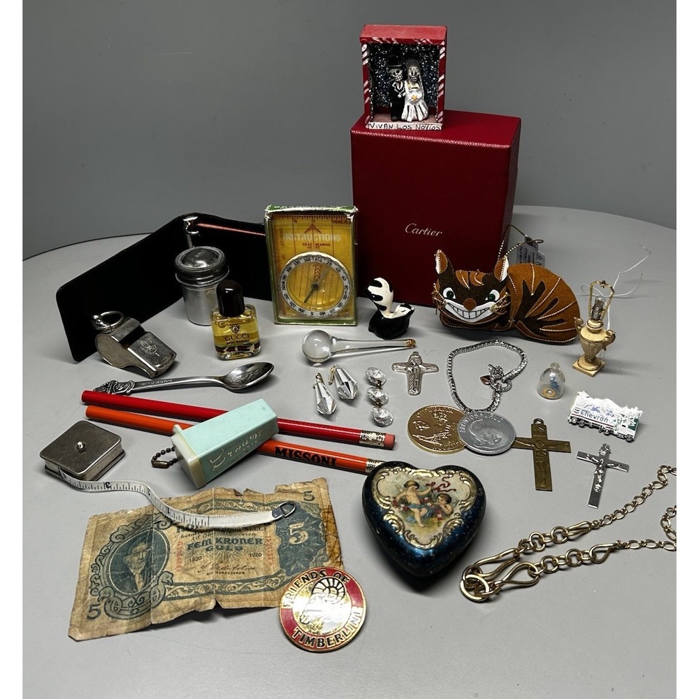 Junk Drawer Lot Vintage Estate Kitsch Miniatures Crucifix Pendant Skunk Pin Cat